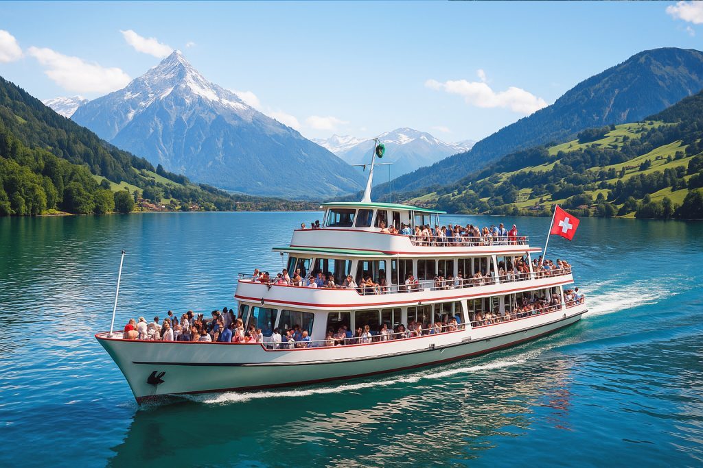 Pakej Switzerland 9H7M dengan pengalaman pelayaran di Lake Thun, kapal cruise putih merentasi tasik biru dengan latar gunung Alps bersalji.