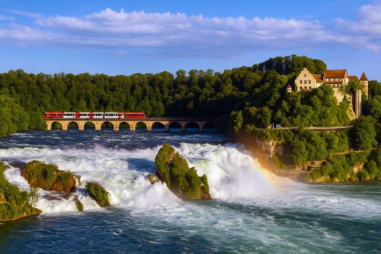 Pakej Switzerland 9H7M di Rhine Falls, air terjun terbesar di Eropah dengan pemandangan Laufen Castle dan jambatan kereta api klasik Switzerland.