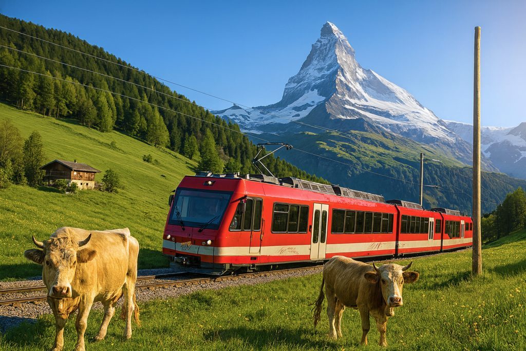 Pakej Switzerland 9H7M menaiki kereta api Matterhorn Gotthard Bahn dari Täsch ke Zermatt dengan pemandangan lembu dan lembah Alpine Switzerland.