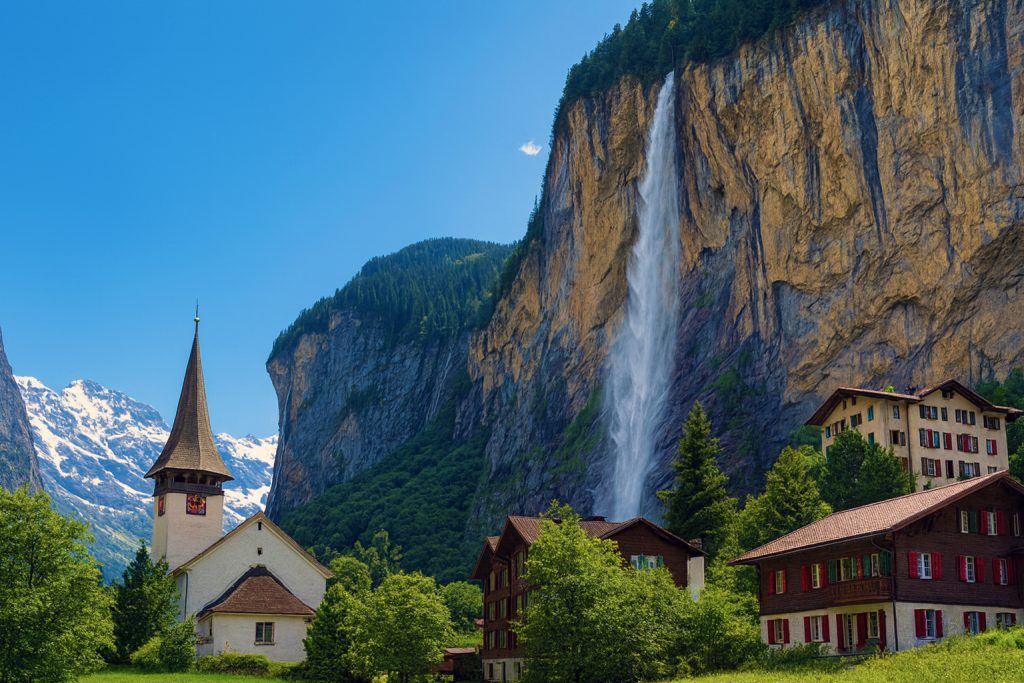 Pakej Switzerland 9H7M di Staubbach Falls, Lauterbrunnen – air terjun ikonik menjunam dari tebing tinggi dengan latar rumah kayu tradisional.