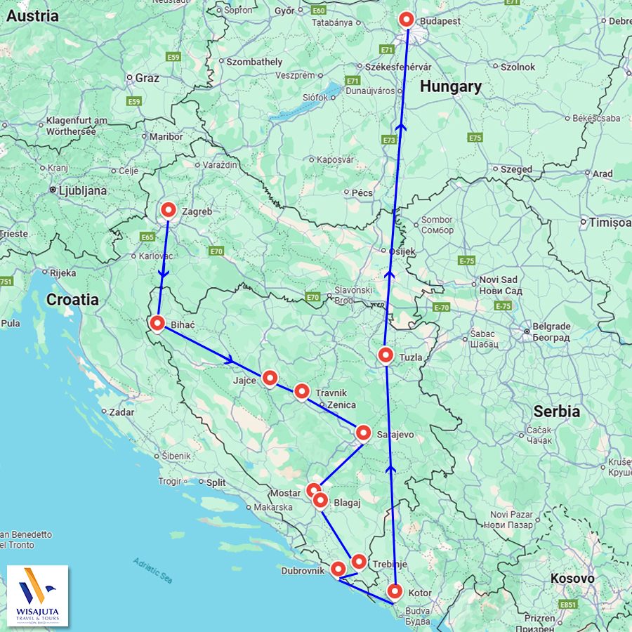 Peta laluan perjalanan pelancongan dari Budapest ke Zagreb, Bihać dan Kotor dengan garis merah sebagai itinerari