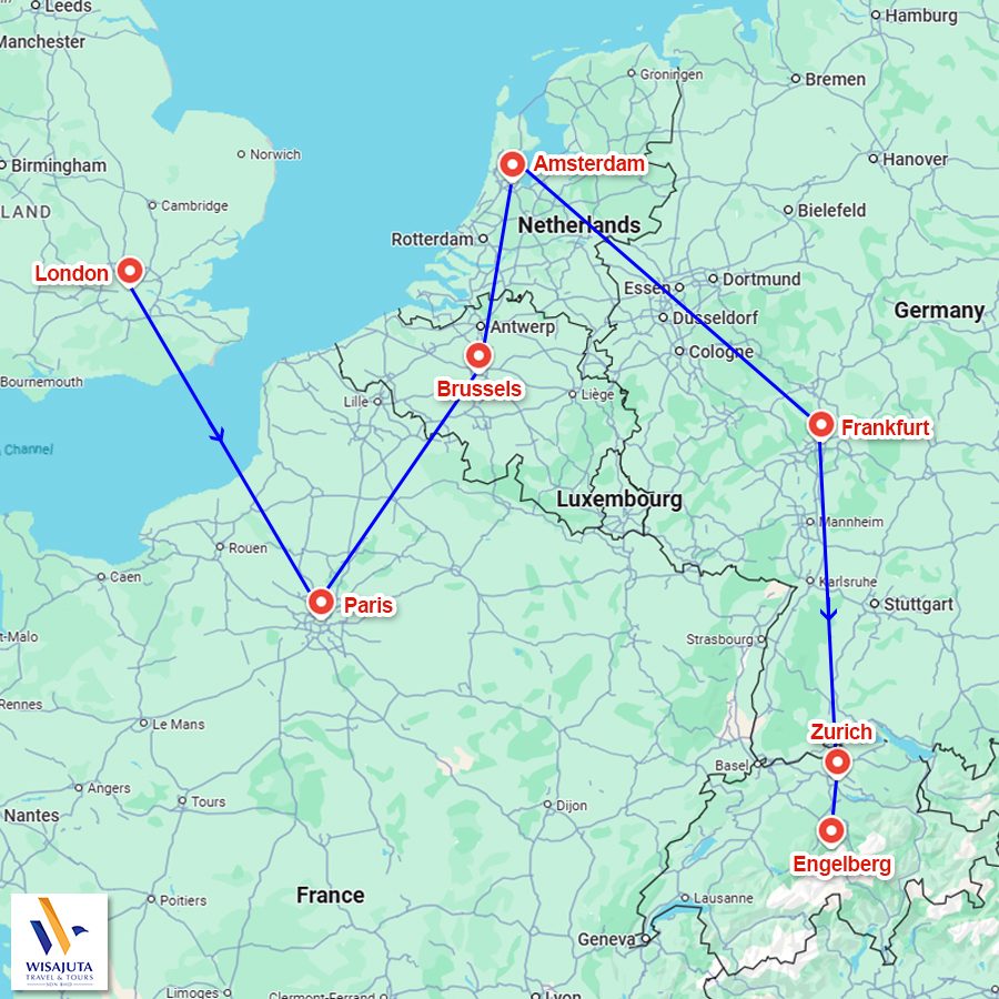 Peta perjalanan pakej Eropah Barat Wisajuta Travel meliputi London, Paris, Brussels, Amsterdam, Frankfurt, Zurich dan Engelberg.