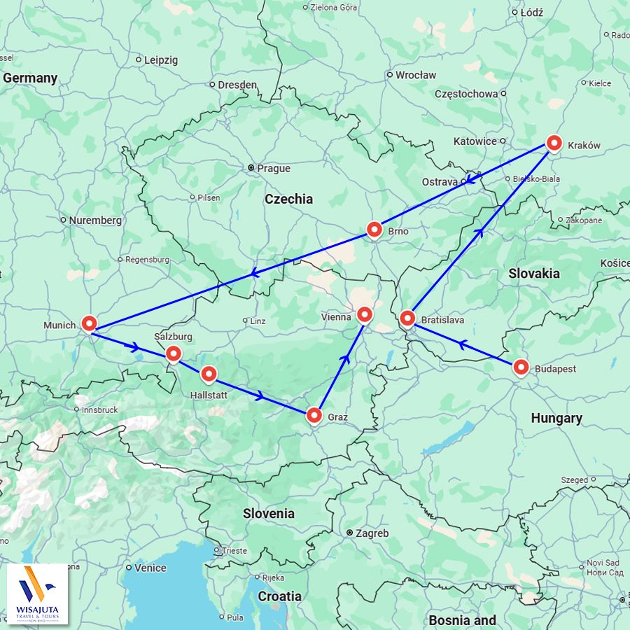 Peta perjalanan pakej Eropah Timur meliputi Munich, Salzburg, Hallstatt, Graz, Vienna, Bratislava, Budapest, Brno dan Krakow oleh Wisajuta Travel.