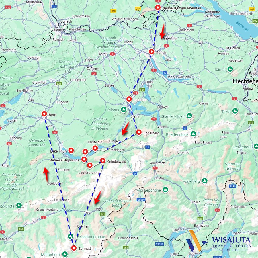 Peta perjalanan Pakej Switzerland 9H7M yang merangkumi Zurich, Rheinfall, Lucerne, Engelberg, Interlaken, Lauterbrunnen, Zermatt dan Bern.