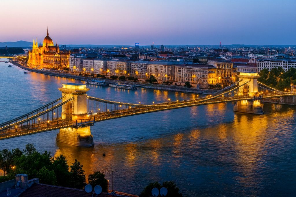 Pemandangan waktu senja di Budapest, Hungary menampilkan Chain Bridge dan bangunan Parlimen yang diterangi lampu indah di tepi Sungai Danube. Antara destinasi menarik dalam Pakej Balkan 9 Negara bersama Wisajuta Travel.