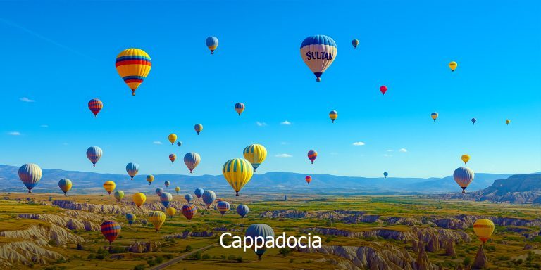 Belon udara panas berwarna-warni terapung di langit Cappadocia, Turki — aktiviti terkenal dalam pakej Turki Wisajuta Travel.