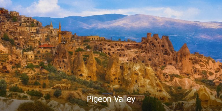 Pemandangan Pigeon Valley di Cappadocia, Turki dengan formasi batu unik dan rumah gua purba — tarikan utama dalam pakej Turki Wisajuta Travel.