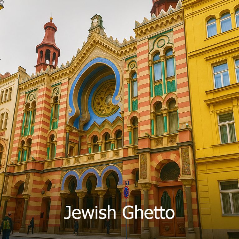 Pemandangan depan bangunan bersejarah di Jewish Ghetto Prague, Czech Republic — kawasan warisan Yahudi tertua di Eropah yang dikunjungi dalam pakej Eropah Timur.