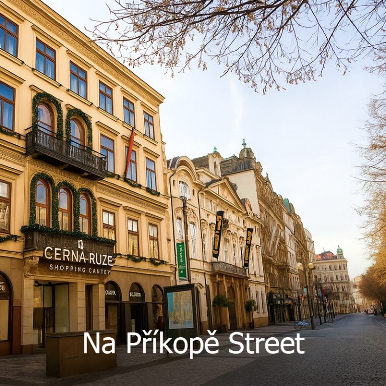 Jalan Na Příkopě di Prague, Czech Republic — deretan bangunan klasik Eropah dengan butik mewah dan kafe, antara destinasi membeli-belah popular dalam pakej Eropah Timur.