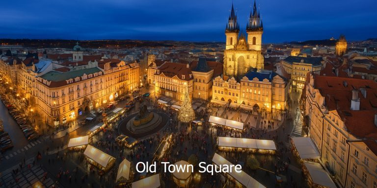 Pemandangan malam Old Town Square di Prague, Czech Republic dengan Gereja Our Lady Before Týn dan pasar Krismas yang meriah — destinasi utama dalam pakej Eropah Timur.